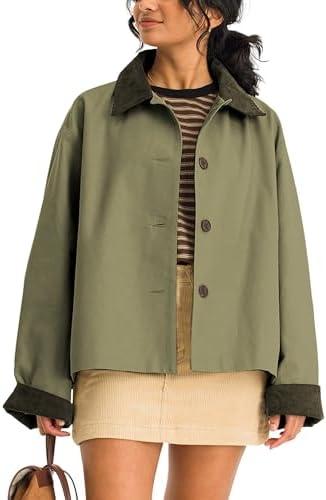 Lviefent Womens Contrast Collar Jacket Casual Button Down Long Sleeves Crop Trench Coat Outerwear with Pockets S