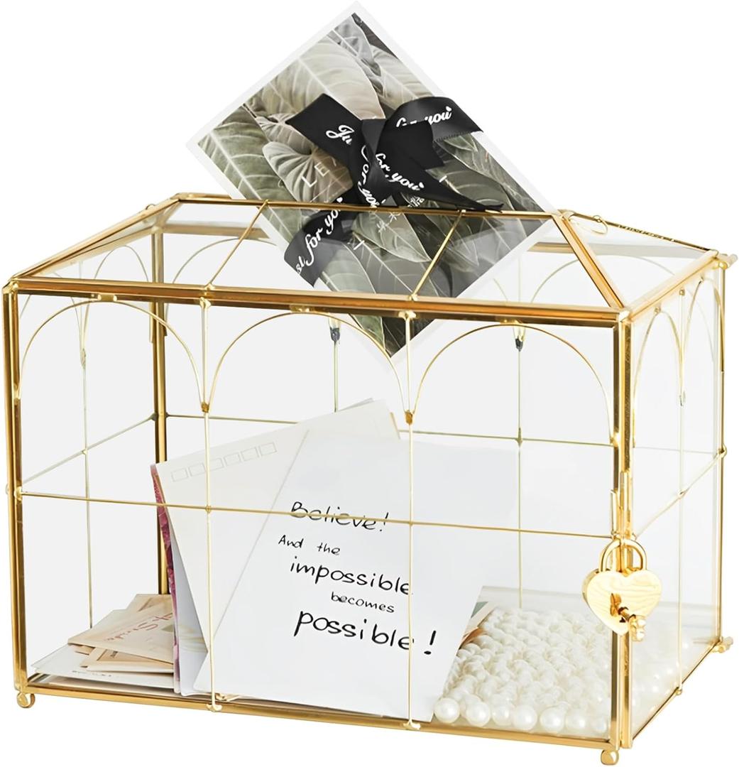 Gold Brass & Glass Wedding Card Box with Heart-Shaped Lock & Slot, Clear Envelope Holder for Reception, Secure Cash Gift Storage Box for Wedding Party, Geometric Handmade Lock Box with 2 Keys
