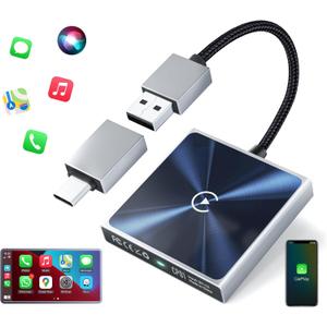 Wireless CarPlay Adapter for iPhone– Super mini 2 in 1 Plug Convert Wired to Wireless Car Play Dongle for Apple iOS 10+ , Instant Connectivity, Fit for Cars with Builtin CarPlay, Black Silver
