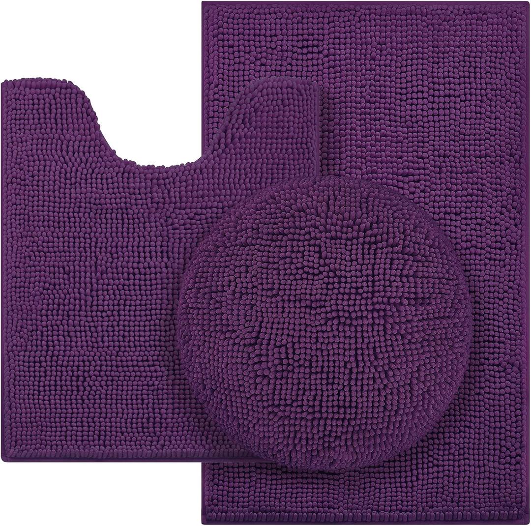 HOMEIDEAS 3 Pieces Dark Purple Bathroom Rugs Set, Ultra Soft Non Slip Bath Rug and Absorbent Chenille Bath Mat, Includes U-Shaped Contour Rug, Bath Mat and Toilet Lid Cover, Perfect for Bathroom Floor (20"x32"+U 20"x24"+Cover 18"x21")