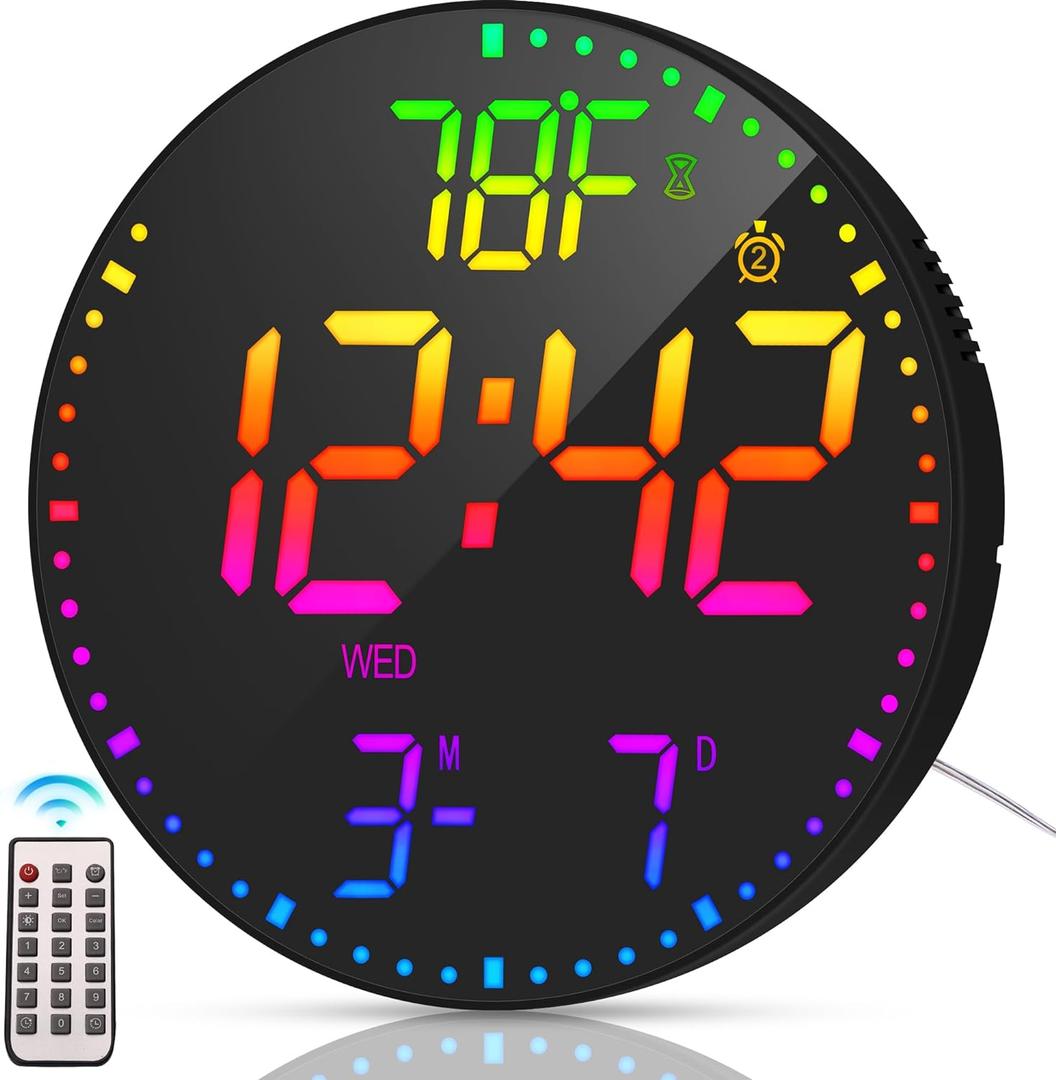 Kasbin 12 Inch Large Digital Wall Clock with Remote Control,RGB Color,Timer Date Temperature Display,Modern Clock for Living Room Bedroom Decor, Gift for Elderly (Black Mirror, 12")