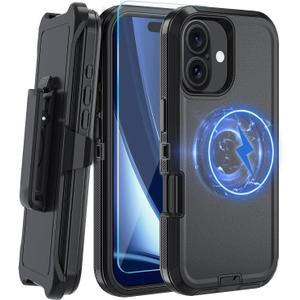 Magnetic for Phone iPhone 17 Case,with Belt Clip,[Compatible with Magsafe] W/Tempered Glass Screen Protector,Anti-Drop,Shockproof,Heavy Duty Protection (Black)