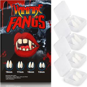 Halloween Vampire Teeth for Women/Men/Kids Fake Fangs, 4 Pairs Reusable Adhesive Party Masquerade Werewolf Devil Cosplay Makeup Kit Accessories Prop Gift 13mm+15mm+17mm+19mm-VT