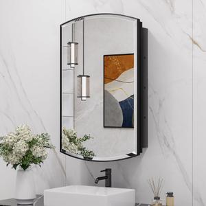 Keonjinn 16 x 26 Medicine Cabinet Mirror, Surface Mount or Recessed Oval Medicine Cabinets with Beveled Mirrors, Arched Bathroom Mirror with Storage, Black Metal Framed Mirrored Medicine Cabinet