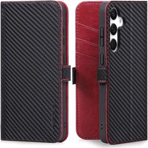 VISOUL Leather Case for Samsung Galaxy S25, Genuine Leather Magnetic Wallet Case Card Holder Kickstand Flip Folio Phone Cover Compatible with Samsung S25 (6.2 inch) Black+Red