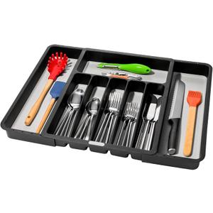 madesmart Expandable Silverware Tray, 8 Compartment Silverware Organizer for Forks, Knives & Spoons, Non Slip, Soft Grip Base, Expands to Fit Most Drawers, Carbon