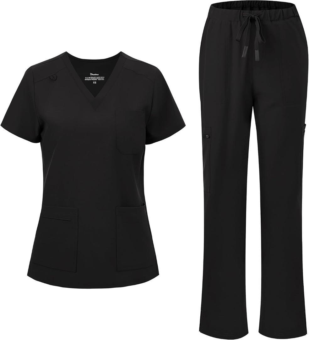 floralhue Scrubs for Women, V-Neck Scrubs Top & Cargo Pants with 12 Pockets, Yoga Waistband, 4 Way Stretch (XS)