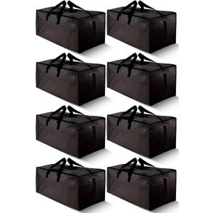8 Pack Large Strong Bags with Zippers & Carrying Handles - Water-Resistant - Heavy Duty Storage Tote for Space Saving, Fold Flat, Alternative to Moving Box (Black)
