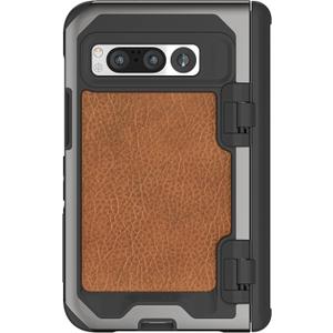 Ghostek ATOMIC slim Pixel Fold Case Clear with Aluminum Bumper Premium Heavy Duty Shockproof Protection Tough Protective Cover Designed for 2023 Google Pixel Fold (7.6 Inch) (Brown Leather - Gunmetal)