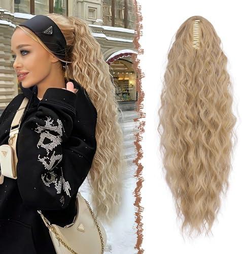 FESHFEN Claw Clip Ponytail Extensions, Long Pony Tail Hair Piece Wavy Curly Synthetic Hairpieces for Women, Blonde & Ash Blonde Mixed 26 inch