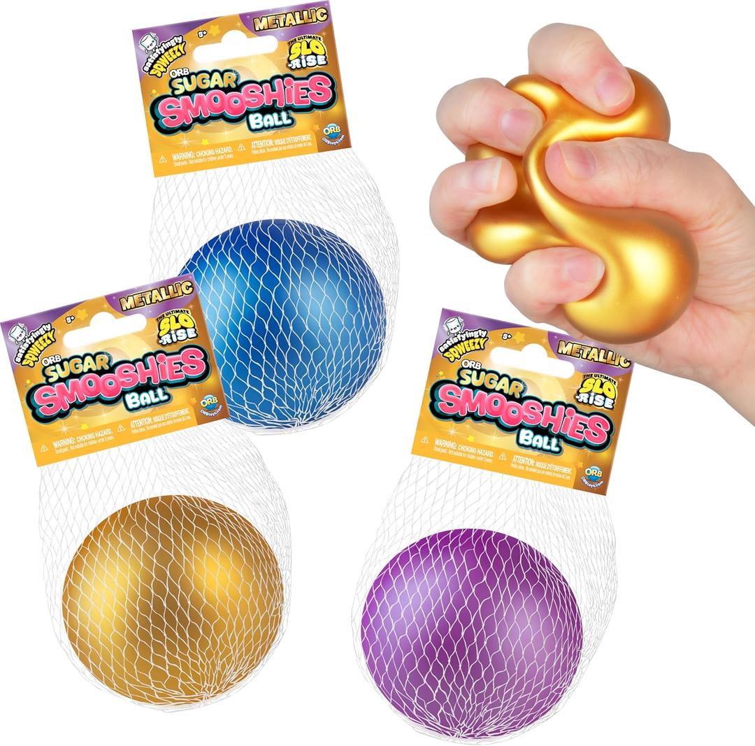 ORB Curiosities Metallic Sugar Smooshies Balls 3 Pack - Three Shiny Metallic Colored Squishy, Stretchy, Slow Rise Stress Balls - Sugar Water Filled Stress Relief Fidget Toys for Kids and Adults