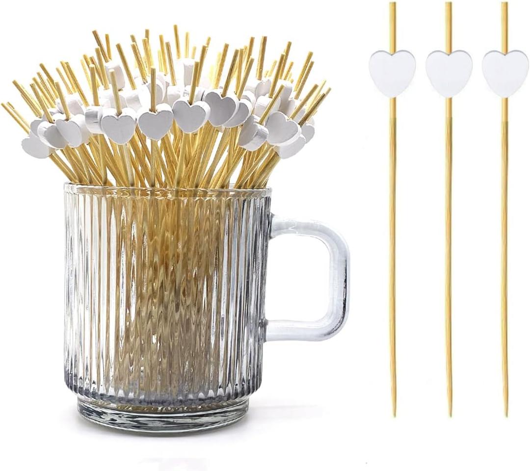 120 pcs 4.7 in long White heart Bamboo Cocktail, Heart Toothpicks for Appetizers, Natural Bamboo Food Picks for Valentines Day,Propose Marriage,Wedding Party.