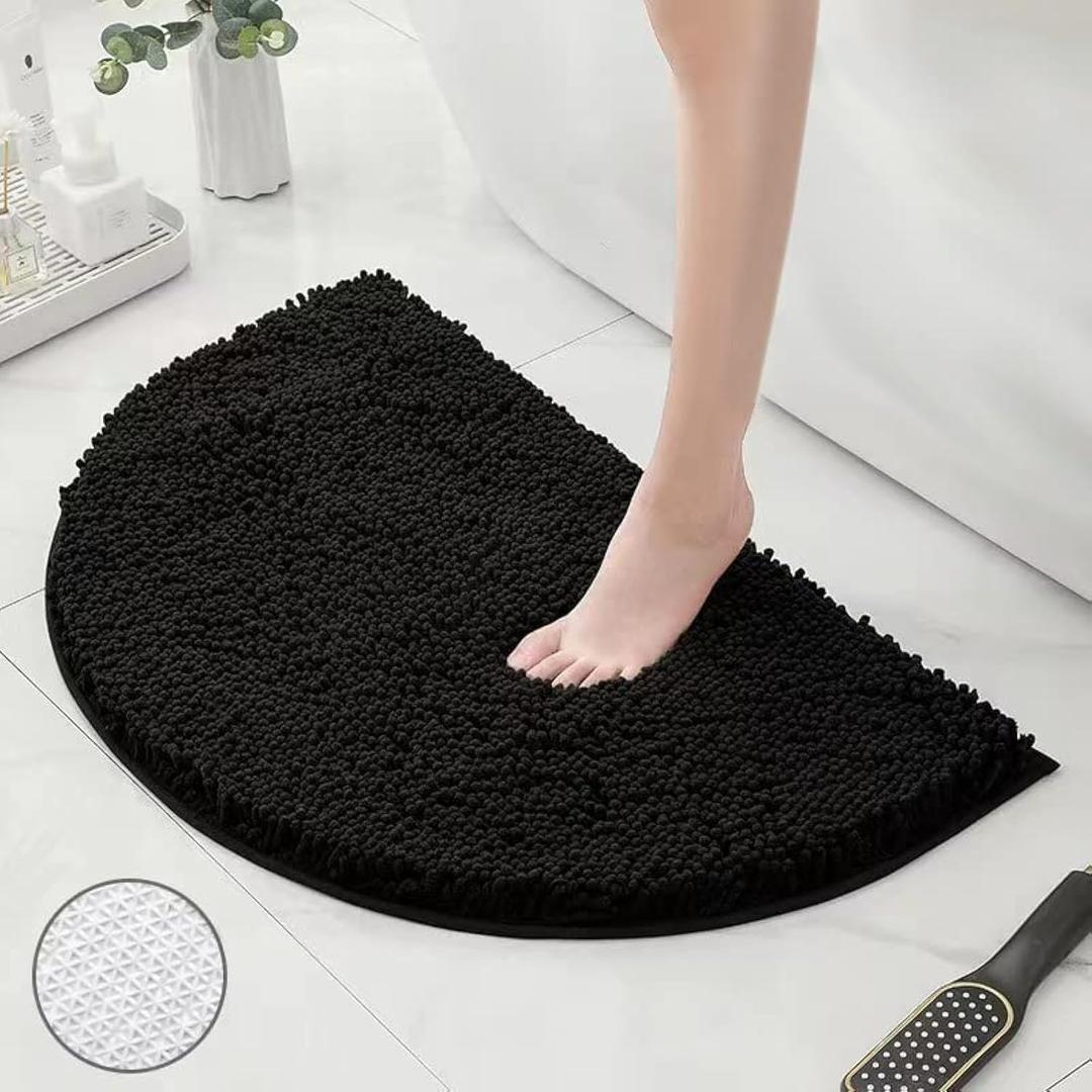 Semicircle Absorbent Bathroom Rug Thickened Soft Chenille Non-Slip Floor Mat Machine Washable Mat Dries Quickly Shaggy Foot Pad for Bedroom Living Room (Black, 15.7-23.6in)
