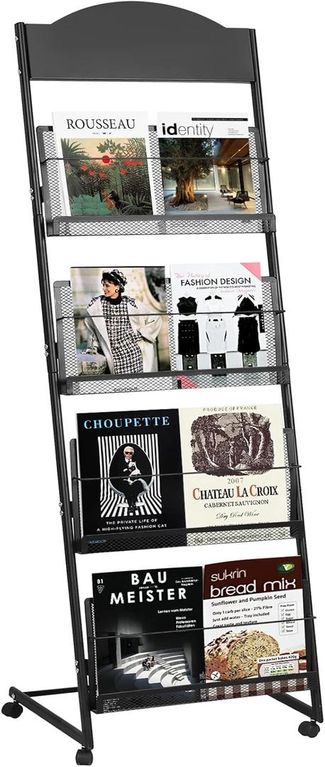 18.9''W Floor-Standing Magazine Display Rack, Rolling Journals, Brochure & Newspaper Stand, Literature Holder for Trade Shows, Exhibitions, & Offices, Black
