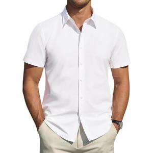 J.VER Men's Short Sleeve Dress Shirts Stretch Stain Shield Casual Button Down Shirts Solid Formal Shirt (White, XL)