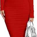 BEAGIMEG Women's Sexy Bodycon Long Sleeves Ruched Square Neck Party Club Midi Dress (Medium, Red)