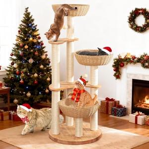 54" Modern Cat Tree Tower for Indoor Cats, Oak Cat Scratching Tree for Multiple Large Cats, Manual Hand Woven Luxury Cat Condo, Unique High-end Design Cat Furniture Activity Centre, Easy Clean