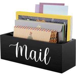 DRASTAR Mail Organizer, Mail Holder with 2 Slots, Mail Basket for Wall Table Countertop, Wood Desk Mail Organizer, Black Envelope Holder for Home Office Decor