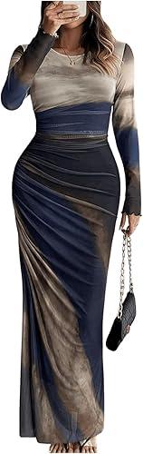 Womens Long Sleeve Maxi Dress Mesh Bodycon Spring Fall Formal Wedding Guest | Tie Dye Ruched Night Out Cocktail Party Long Dresses, medium