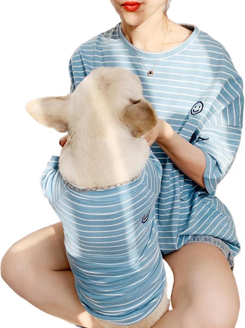 Matching Dog and Owner Clothes, Blue Striped Women Shirt Short Sleeve, Cotton Women Summer Shirt Crewneck, Casual Women T-Shirt Summer Tops Loose Fit(Owner M)