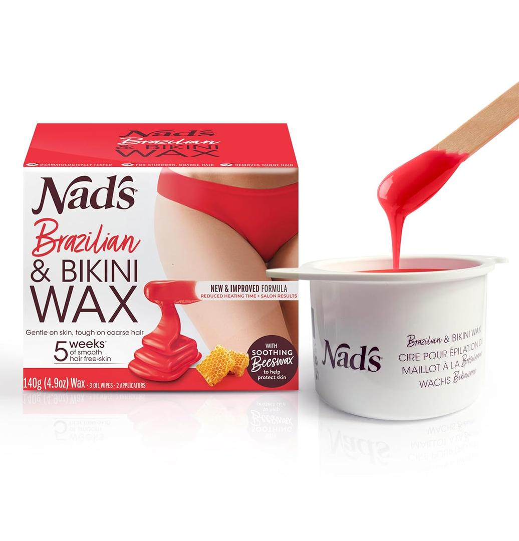 Nad's Brazilan & Bikini Wax Kit, Hair Removal For Women, Body Wax Specifically For Coarse Hair, At Home Waxing Kit With Hard Wax + Calming Oil Wipes + Wooden Spatula