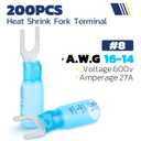 haisstronica 200PCS Heat Shrink Fork Terminals, 16-14 AWG, #8, Blue | Screw Access Without Full Removal, 3:1 Adhesive-Lined Seal, Fuse Block and Amplifier Wiring, Brazed-Seam Crimp Barrels