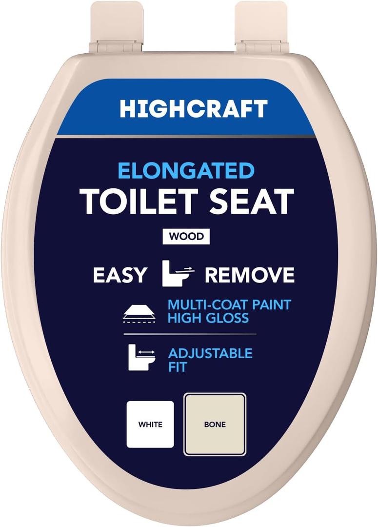 Highcraft B2TSWE Elongated Molded Wood Toilet Seat Easy Remove ? Adjustable Hinge, Bone