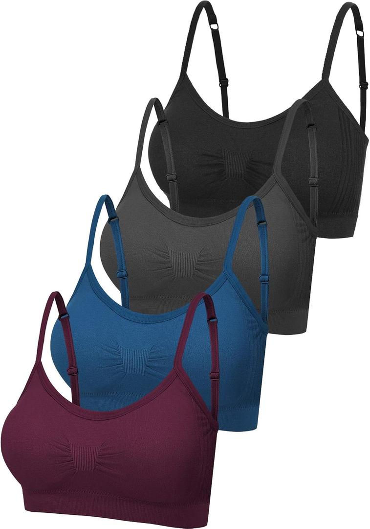 SATINIOR 4 Pieces Bralette Neck Cami Bra Wireless Tank Top Sports Bra for Women (Small-Medium, Black, Grey, Dark Red, Lake Blue)
