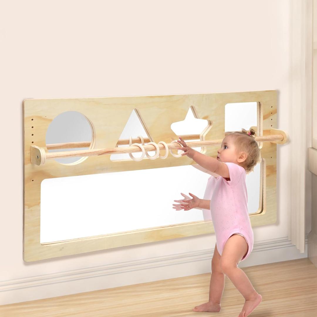 Montessori Mirror Baby Wall,Montessori 3-in-1 Shatterproof Mirror,with Wooden Pull Rods, Infant Coordination Mirror,Applicable to Kids Classroom Furniture for Daycare, Homeschool or Preschool