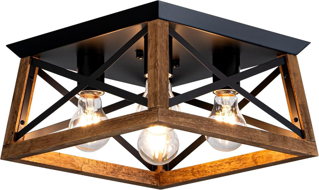 4-Light Famrhouse Light Fixture, Rustic Ceiling Light with Wood and Metal Frame, Farmhouse Flush Mount Ceiling Light for Hallway, Entryway, Bedroom, Kitchen, Living Room (Black5)