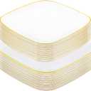 bUCLA 50PCS White and Gold Plastic Plates Disposable - Square Gold Heavy Duty - Include 25 Each (Dinner & Dessert) Plates for Party & Wedding