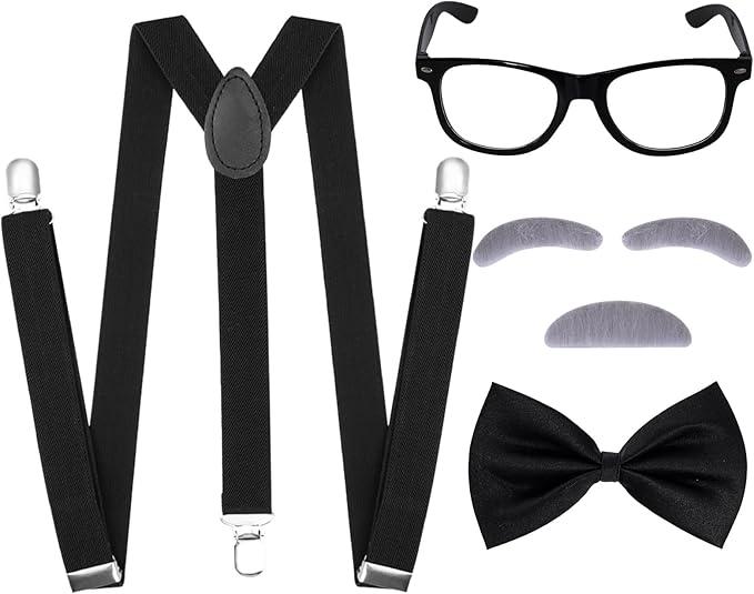 5Pcs Old Man Grandpa Costume Kit - Glasses, Gray Mustache and Eyebrows, Suspender, Bow Tie, 100 Years Old Costumes Accessories Set
918