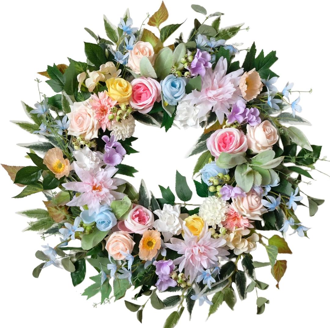 Idyllic 22 Inch Spring Summer Wreath for Front Door with Pink Blue Roses and Hydrangeas Romantic Artificial Flower Wreath for Indoor Outdoor Wedding Porch and Wall Decor