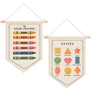 Dilemat Boho Classroom Decor, Shapes Colors Educational Wall Pennants Banners, Colors Shapes Learning Wall Hanging Flag for Toddler Kids Room Playroom Preschool Classroom Decor, Set of 2