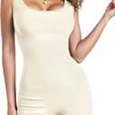 AURUZA Workout Romper For Women, Yoga Ribbed One Piece Sleeveless Exercise Tummy Control Square Neck Leggings jumpsuits (Large, Beige)