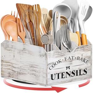 Bewbow [Upgraded] Extra Large Kitchen Utensil Holder for Countertop with 360° Rotating Base, 6 Compartments, Removable Divider, Wooden Utensil Organizer for Countertop, Farmhouse Kitchen Decor