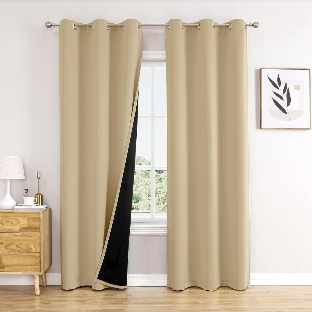 ChrisDowa 100% Blackout Curtains for Bedroom with Black Liner, 2 Thick Layers Total Blackout Thermal Insulated Grommet Window Curtains 2 Panels Set (Beige, 42 x 84 Inch) (42"W x 84"L (Pack of 2))
