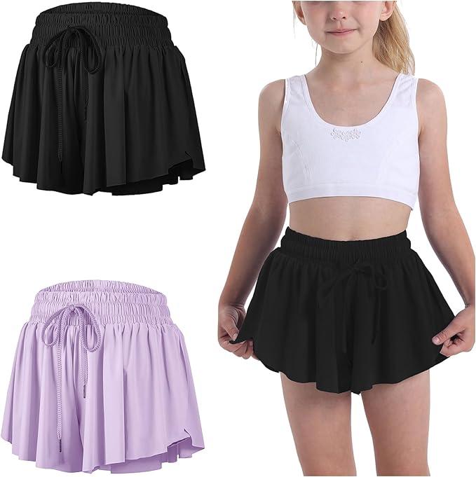 Flowy Butterfly Shorts for Girls 2-in-1 Athletic Running Skirt Shorts Cheer Tennis Dance Preppy with Spandex Liner(Black, Light purple), XS