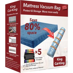 MEIQIHOME King/Cal-King Mattress Vacuum Bag, PA+PE Material, Heavy Duty, 94.5" x 98.4", 80% Compression, Double-Zip Seal, 5 Straps, Ideal for Moving & Storage