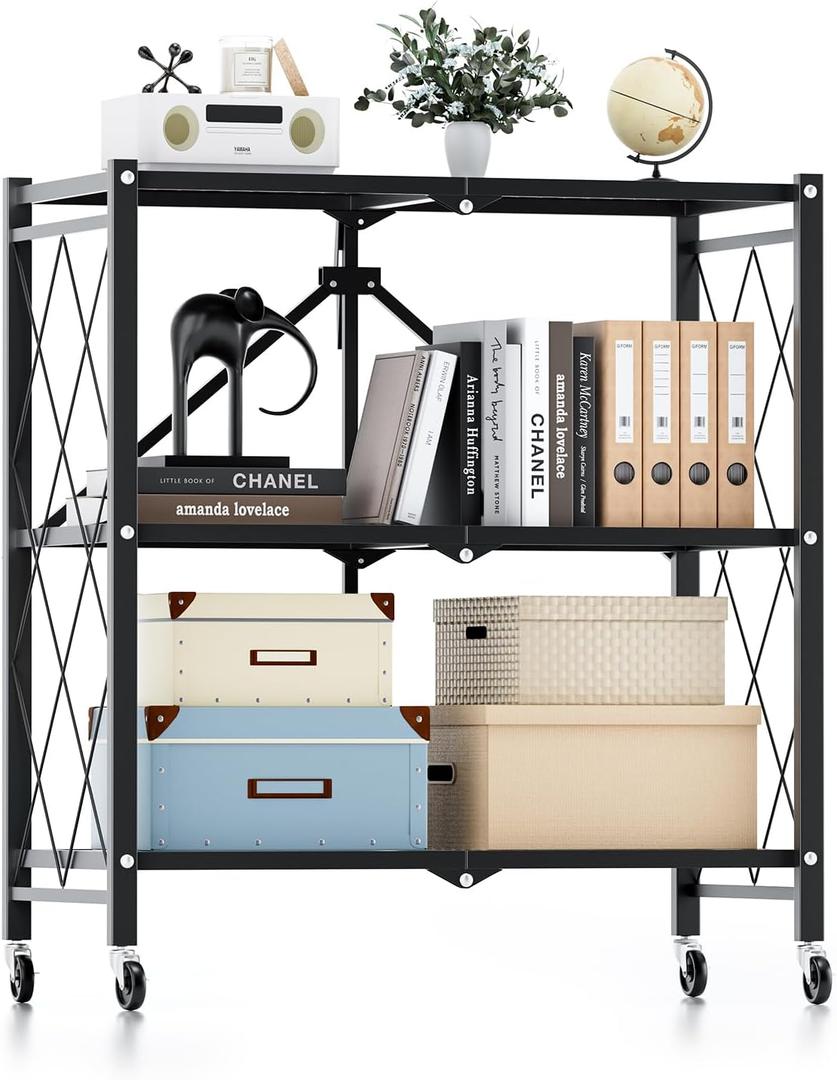 Simple Deluxe 3-Tier Folding Storage Shelves, 27.95" W x 14.96" D x 34.25" H Foldable Shelving Unit, 750 Lbs Loading Capacity, Black, 3-Tier, 28"W x 15"D x 34"H