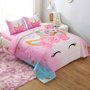 6Pcs Twin Comforter Set with Sheet,Unicorn Flower Bedding Set for Kids,Pink Rainbow Bed in a Bag Bedding for Girls-Smile Unicorn