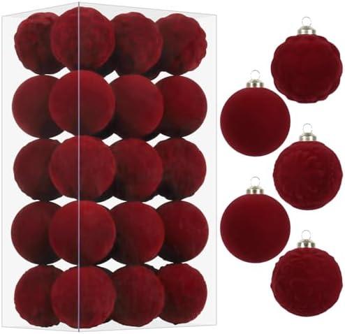 RoseCraft 15PCS Burgundy Velvet Christmas Ball Ornaments Set, 60MM/2.3Inch Shatterproof Flocked Ornament for Christmas Tree Hanging Holiday Valentine's Day Party Xmas Decorations