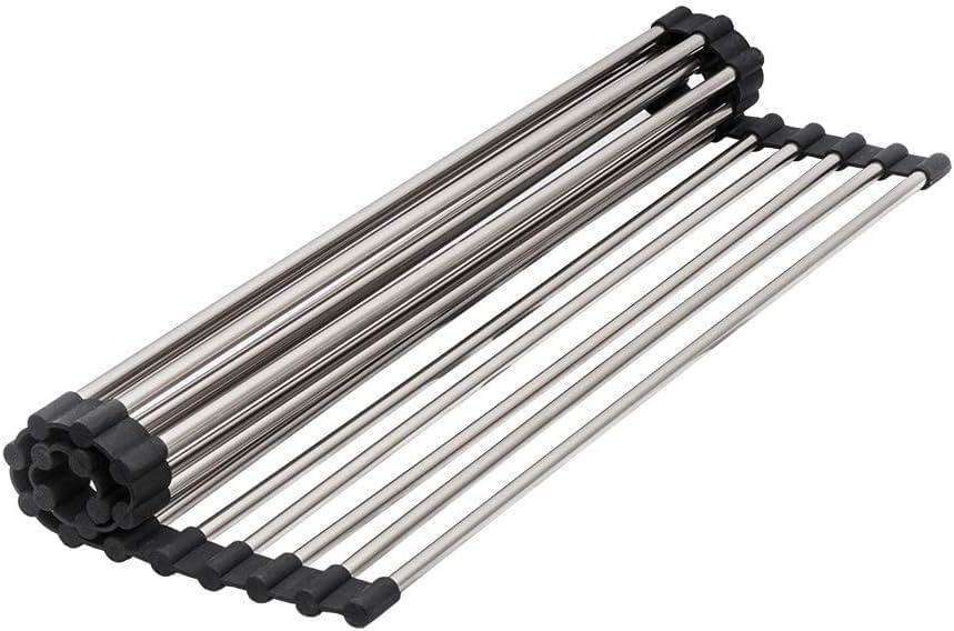 Strictly Sinks Stainless Steel Roll Up Dish Drying Rack – Silver 16 Inch Over The Sink Drying Rack Ideal for Apron Workstation Sinks Only – Multipurpose Foldable Dish Rack (16-3/8″ x 13″ x 3/8″)