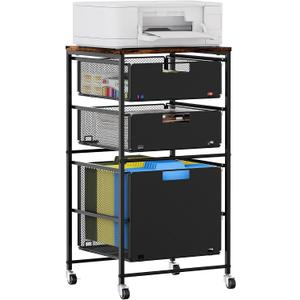 EasyPAG Rolling Storage Cart with 3 Drawers, Under Desk File Cabinet on Lockable Wheels, Movable Letter Size Hanging File Folder Organizer with Wooden Printer Stand for Home Office, Black
