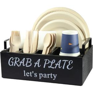 Paper Plate Holder, Utensil Caddy Organizer, Wood Paper Plate Dispenser, Silverware Caddy Holder, and Disposable Coffee Bar Accessories Box for Kitchen Counter, Party, Camping, Picnic (6 compartment)