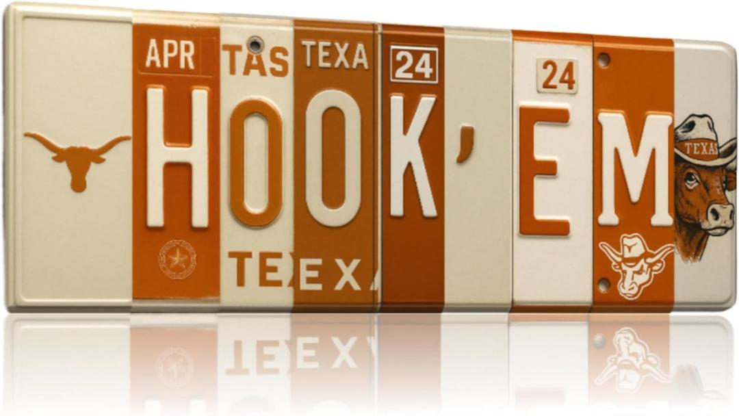 Texas Longhorns Hook Em Horns License Plate Sign - Metal Wall Art 16x6 Inch Aluminum - Burnt Orange White - SEC Fan Cave Dorm Room Decor UT - UV-Resistant Ready to Hang College Wall Sign