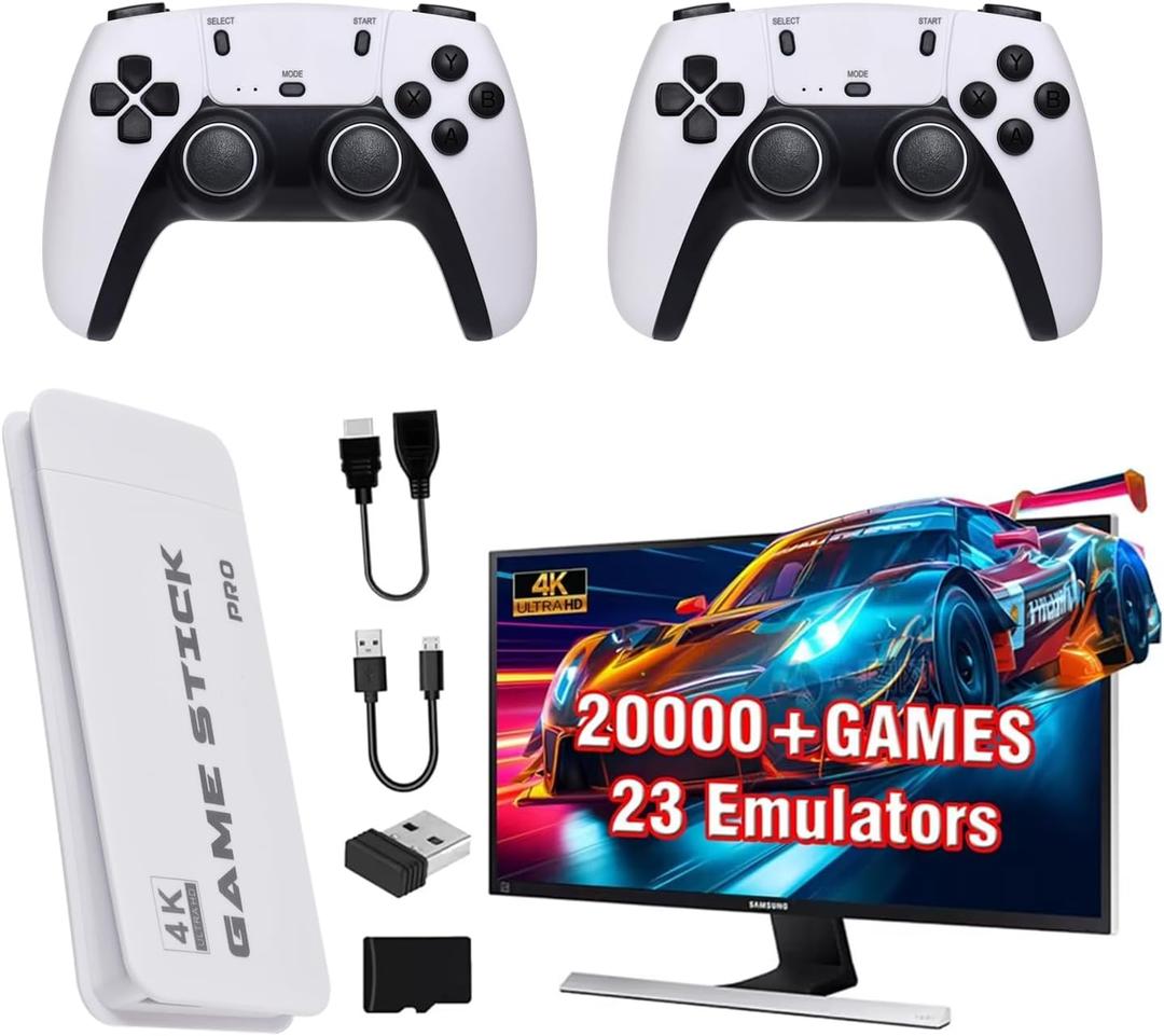 Retro Game Stick 4K HDMI – 20,000+ Classic Games, 23 Emulators, Plug & Play Nostalgia TV Console with Dual 2.4G Wireless Controllers & 64GB Card for Kids & Adults