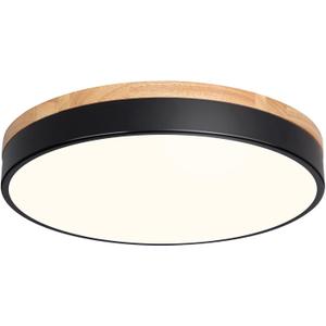 Modern Wood Flush Mount Ceiling Light, Black LED 5CCT 2700K-6000K Dimmable Ceiling Light Fixtures, Round Close to Lighting Fixture for Kitchen Living Room Dining Room Bedroom-15.8in, 15.74"