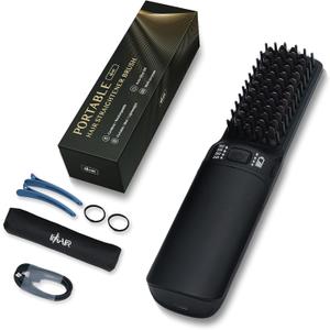 Hot Hair Straightener Brush,Portable Mini Hair Straightener USB Rechargeable 6400MAH,2 in 1 Hair Straightener Comb with Anti-Scald Feature for Women & Men (Black)
