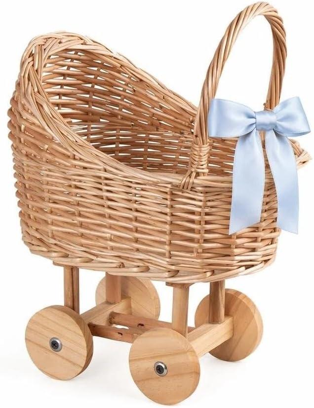 Woven Rattan Baby Stroller Flower Basket, Handcrafted Vintage Wicker Carriage Planter for Baby Shower Centerpieces, Wedding Party Decor and Photo Props, Small Size 14"